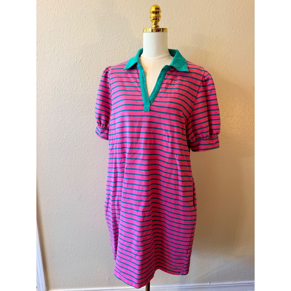 Viral Womens Polo Dress XL Pink Green Striped Puff Sleeve Preppy Collared